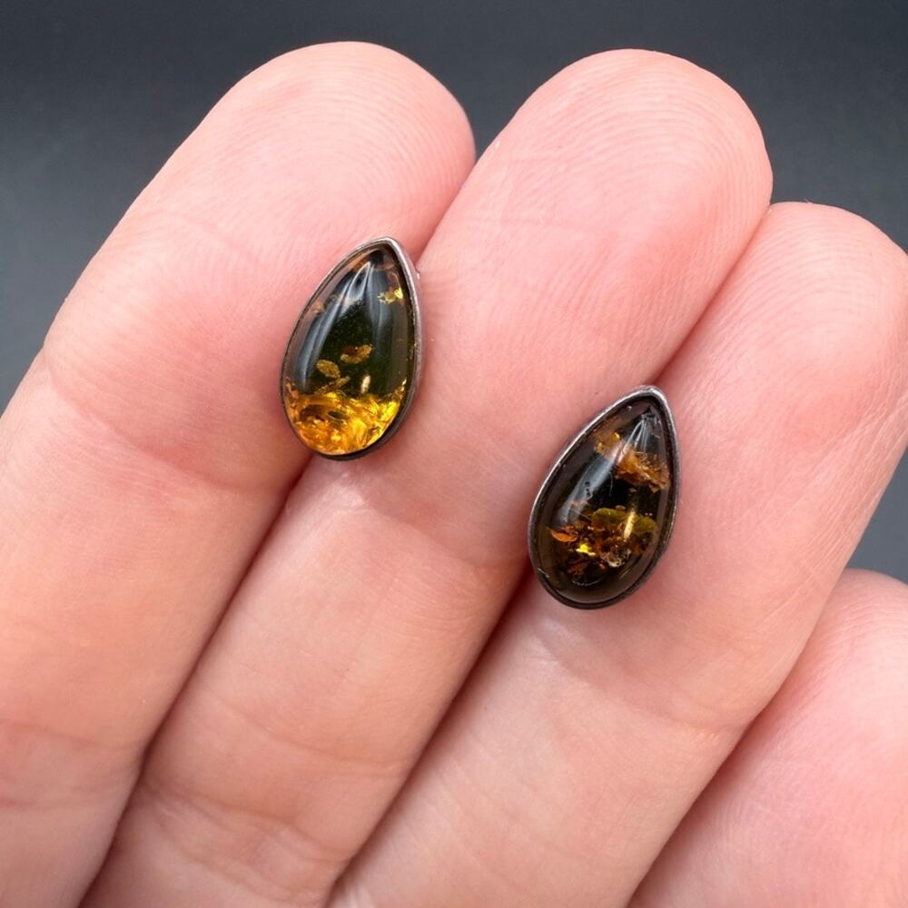Vintage 925 Sterling Silver Baltic Amber Teardrop Stud Earrings Green Cognac